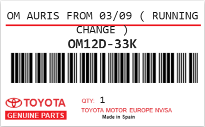 TOYOTA - OM12D-33K OM AURIS FROM 03/09 ( RUNNING CHANGE )
